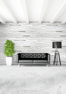 Dikey yatak odası en az ya da Loft tarzı iç tasarım. 3D render. Kavram fikir.