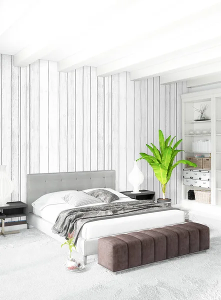 Dikey yatak odası en az ya da Loft tarzı iç tasarım. 3D render. Kavram fikir.