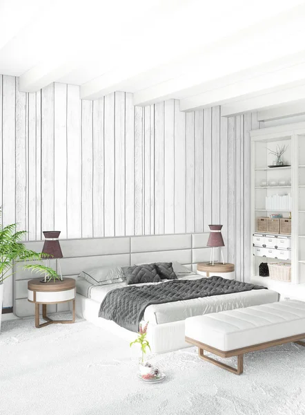 Dikey yatak odası en az ya da Loft tarzı iç tasarım. 3D render. Kavram fikir.