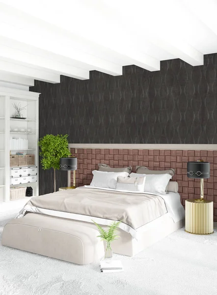 Dikey yatak odası en az ya da Loft tarzı iç tasarım. 3D render. Kavram fikir.