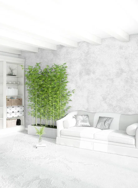 Dikey yatak odası en az ya da Loft tarzı iç tasarım. 3D render. Kavram fikir.