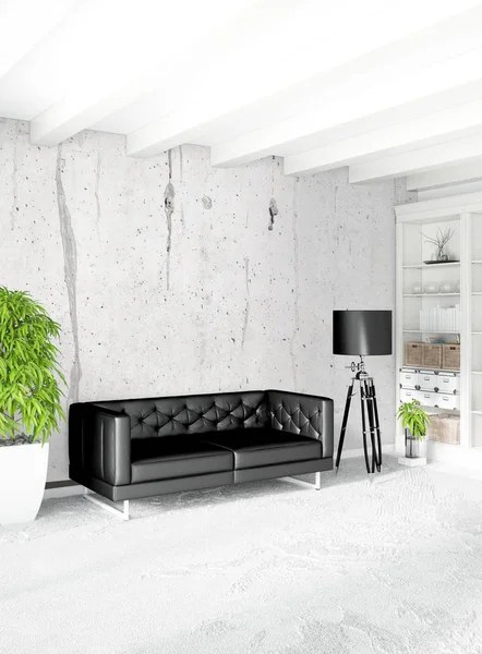 Dikey yatak odası en az ya da Loft tarzı iç tasarım. 3D render. Kavram fikir.