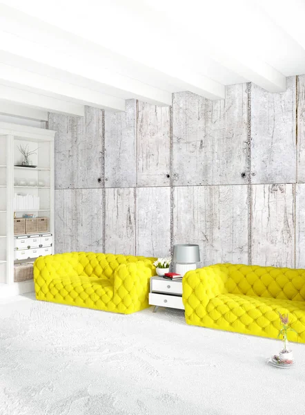 Dikey yatak odası en az ya da Loft tarzı iç tasarım. 3D render. Kavram fikir.