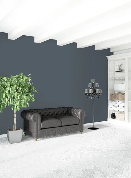 Dikey yatak odası en az ya da Loft tarzı iç tasarım. 3D render. Kavram fikir.