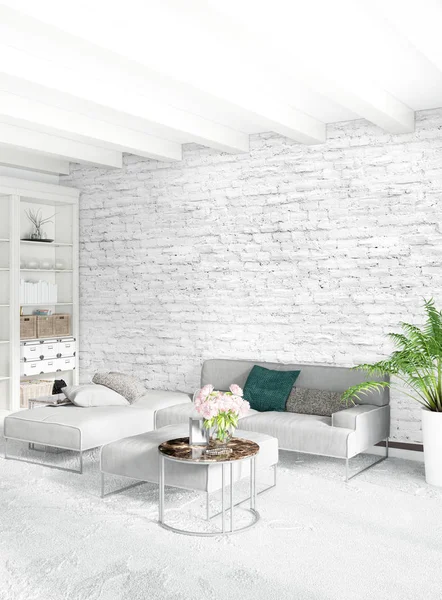 Dikey yatak odası en az ya da Loft tarzı iç tasarım. 3D render. Kavram fikir.