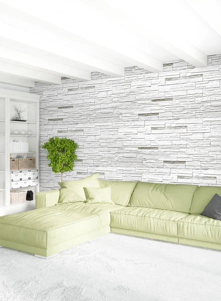 Dikey yatak odası en az ya da Loft tarzı iç tasarım. 3D render. Kavram fikir.