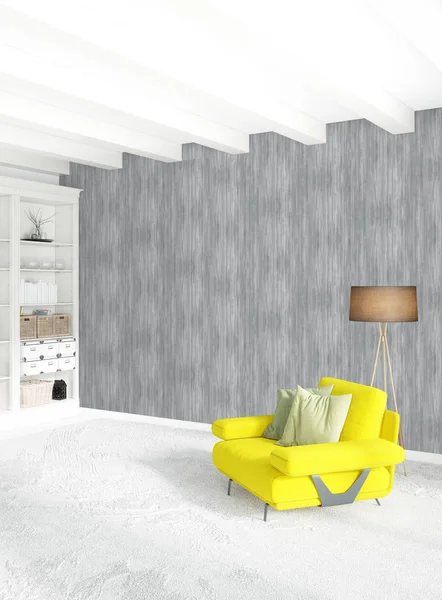 Dikey yatak odası en az ya da Loft tarzı iç tasarım. 3D render. Kavram fikir.