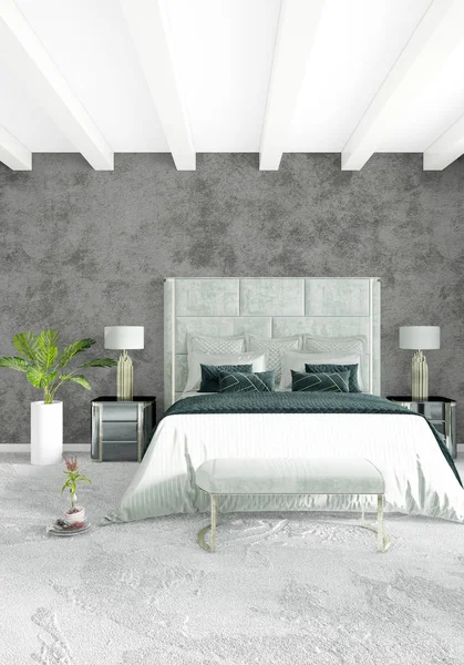 Dikey yatak odası en az ya da Loft tarzı iç tasarım. 3D render. Kavram fikir.