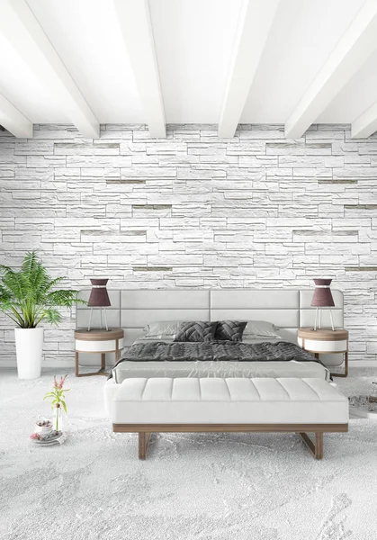 Dikey yatak odası en az ya da Loft tarzı iç tasarım. 3D render. Kavram fikir.