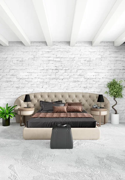 Dikey yatak odası en az ya da Loft tarzı iç tasarım. 3D render. Kavram fikir.