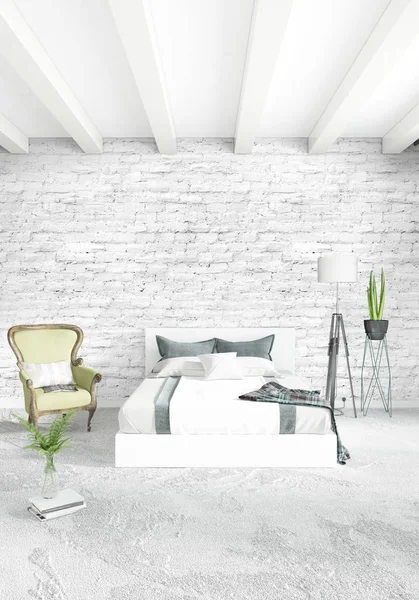 Dikey yatak odası en az ya da Loft tarzı iç tasarım. 3D render. Kavram fikir.