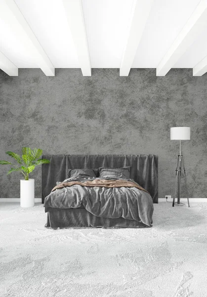 Dikey yatak odası en az ya da Loft tarzı iç tasarım. 3D render. Kavram fikir.