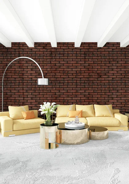 Dikey yatak odası en az ya da Loft tarzı iç tasarım. 3D render. Kavram fikir.