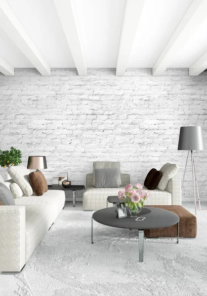 Dikey yatak odası en az ya da Loft tarzı iç tasarım. 3D render. Kavram fikir.