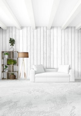 Dikey yatak odası en az ya da Loft tarzı iç tasarım. 3D render. Kavram fikir.