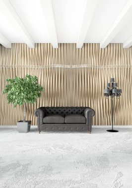 Dikey yatak odası en az ya da Loft tarzı iç tasarım. 3D render. Kavram fikir.