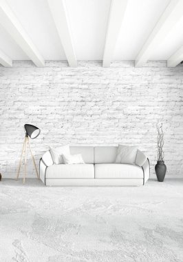 Dikey yatak odası en az ya da Loft tarzı iç tasarım. 3D render. Kavram fikir.