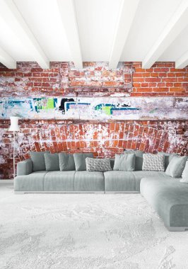 Dikey yatak odası en az ya da Loft tarzı iç tasarım. 3D render. Kavram fikir.