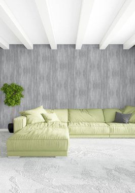 Dikey yatak odası en az ya da Loft tarzı iç tasarım. 3D render. Kavram fikir.