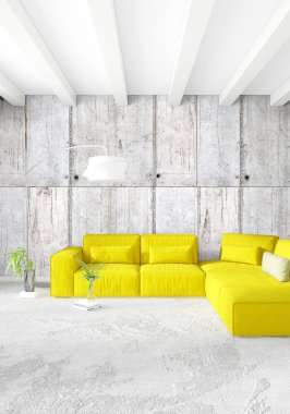 Dikey yatak odası en az ya da Loft tarzı iç tasarım. 3D render. Kavram fikir.