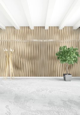 Dikey yatak odası en az ya da Loft tarzı iç tasarım. 3D render. Kavram fikir.