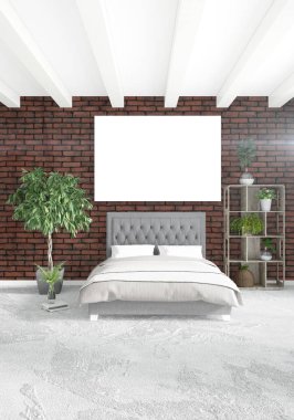 Dikey yatak odası en az ya da Loft tarzı iç tasarım. 3D render. Kavram fikir.