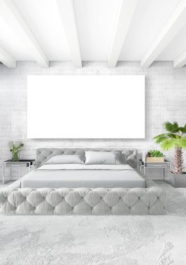 Dikey yatak odası en az ya da Loft tarzı iç tasarım. 3D render. Kavram fikir.