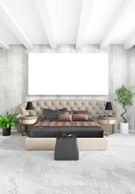 Dikey yatak odası en az ya da Loft tarzı iç tasarım. 3D render. Kavram fikir.