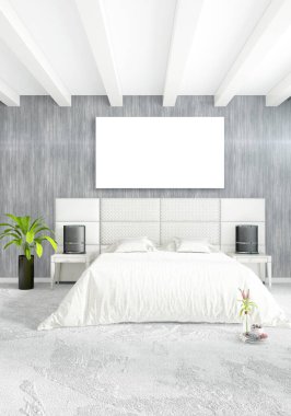 Dikey yatak odası en az ya da Loft tarzı iç tasarım. 3D render. Kavram fikir.