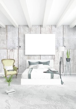 Dikey yatak odası en az ya da Loft tarzı iç tasarım. 3D render. Kavram fikir.