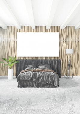 Dikey yatak odası en az ya da Loft tarzı iç tasarım. 3D render. Kavram fikir.