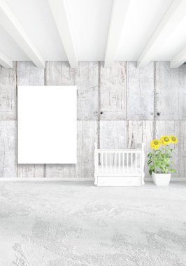 Dikey yatak odası en az ya da Loft tarzı iç tasarım. 3D render. Kavram fikir.