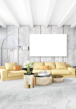 Dikey yatak odası en az ya da Loft tarzı iç tasarım. 3D render. Kavram fikir.