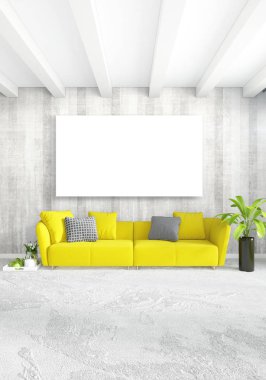 Dikey yatak odası en az ya da Loft tarzı iç tasarım. 3D render. Kavram fikir.