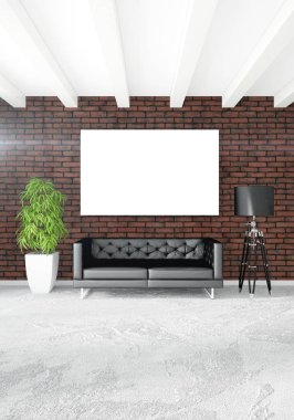 Dikey yatak odası en az ya da Loft tarzı iç tasarım. 3D render. Kavram fikir.