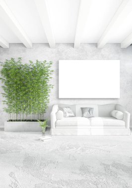 Dikey yatak odası en az ya da Loft tarzı iç tasarım. 3D render. Kavram fikir.