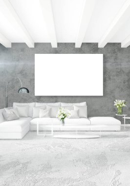 Dikey yatak odası en az ya da Loft tarzı iç tasarım. 3D render. Kavram fikir.