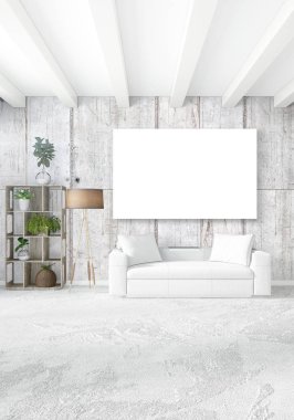 Dikey yatak odası en az ya da Loft tarzı iç tasarım. 3D render. Kavram fikir.