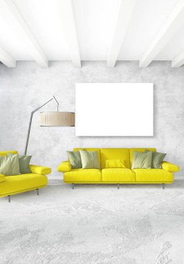 Dikey yatak odası en az ya da Loft tarzı iç tasarım. 3D render. Kavram fikir.