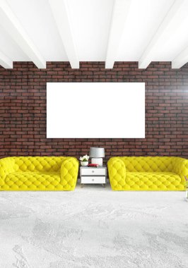 Dikey yatak odası en az ya da Loft tarzı iç tasarım. 3D render. Kavram fikir.