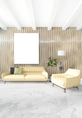 Dikey yatak odası en az ya da Loft tarzı iç tasarım. 3D render. Kavram fikir.