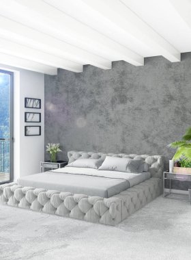 Dikey yatak odası en az ya da Loft tarzı iç tasarım. 3D render. Kavram fikir.