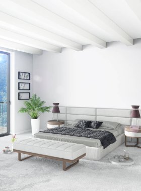 Dikey yatak odası en az ya da Loft tarzı iç tasarım. 3D render. Kavram fikir.