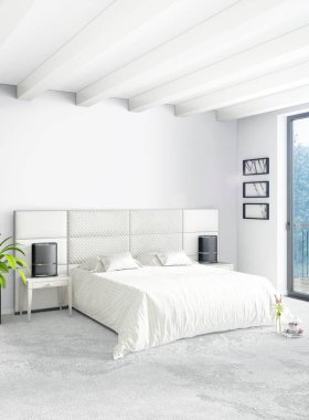 Dikey yatak odası en az ya da Loft tarzı iç tasarım. 3D render. Kavram fikir.