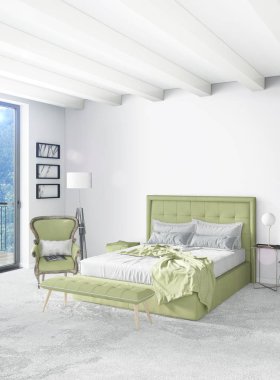 Dikey yatak odası en az ya da Loft tarzı iç tasarım. 3D render. Kavram fikir.