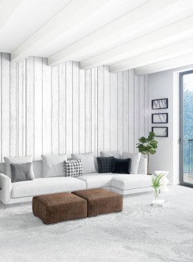 Dikey yatak odası en az ya da Loft tarzı iç tasarım. 3D render. Kavram fikir.