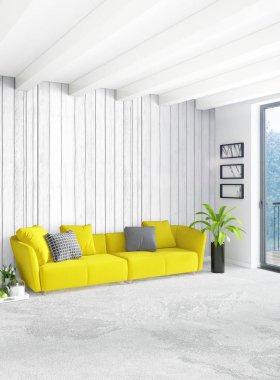 Dikey yatak odası en az ya da Loft tarzı iç tasarım. 3D render. Kavram fikir.