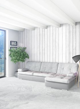 Dikey yatak odası en az ya da Loft tarzı iç tasarım. 3D render. Kavram fikir.