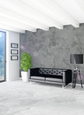 Dikey yatak odası en az ya da Loft tarzı iç tasarım. 3D render. Kavram fikir.