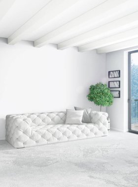 Dikey yatak odası en az ya da Loft tarzı iç tasarım. 3D render. Kavram fikir.